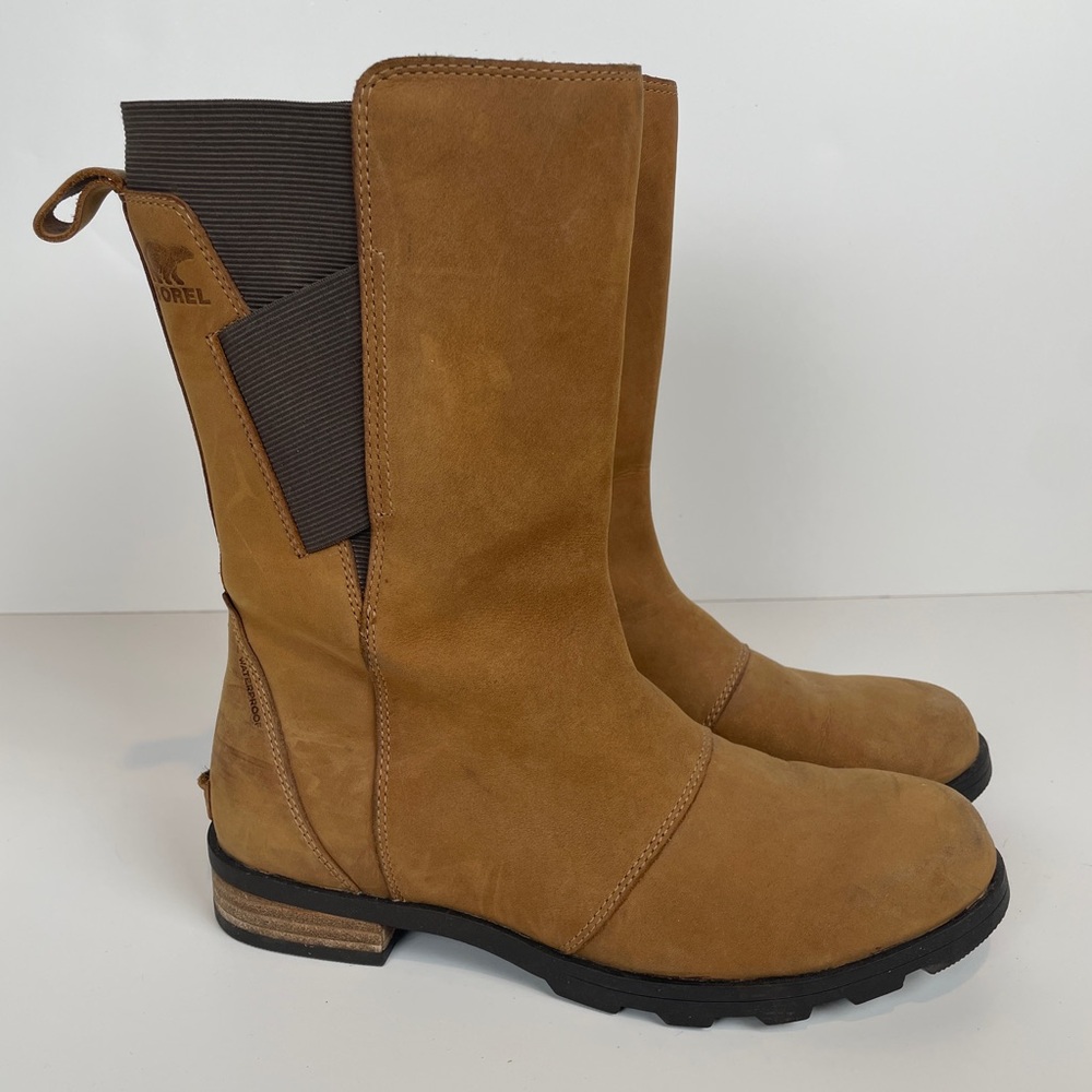 SOREL WATERPROOF Emelie Mid Tall Leather Boots Tan Cognac Womens 8.5